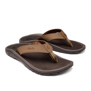 Olukai 'Ohana men's beach sandals, water-resistant, anatomical fit, enhanced traction, everyday style, tan and dark java.