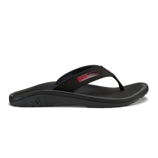 OluKai 'Ohana Men's Beach Sandals in Black/HLA, water-resistant synthetic straps with quick-drying jersey knit lining, soft nylon toe post, anatomically contoured footbed, and non-marking rubber outsole