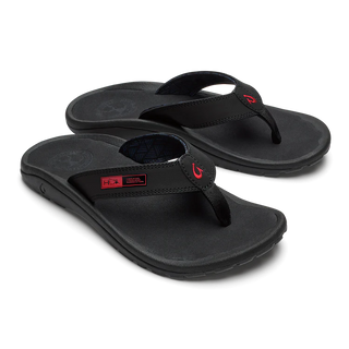 OluKai 'Ohana Men's Beach Sandals in Black/HLA, water-resistant synthetic straps with quick-drying jersey knit lining, soft nylon toe post, anatomically contoured footbed, and non-marking rubber outsole