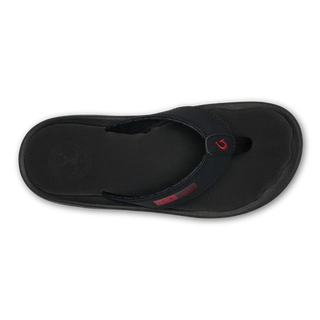 OluKai 'Ohana Men's Beach Sandals in Black/HLA, water-resistant synthetic straps with quick-drying jersey knit lining, soft nylon toe post, anatomically contoured footbed, and non-marking rubber outsole