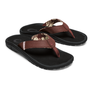 OluKai 'Ohana Sandals in Red Clay/Black — water-resistant synthetic straps, quick-drying jersey knit lining, non-marking rubber outsole, and enhanced wet-surface traction