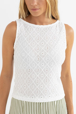 White ladies’ tank top with high lace neckline and decorative stitching.