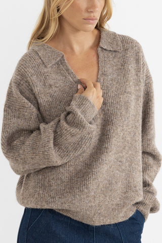 Rhythm Quinn V-Neck Collared Jumper in oat with heavy-weight knit and relaxed fit.