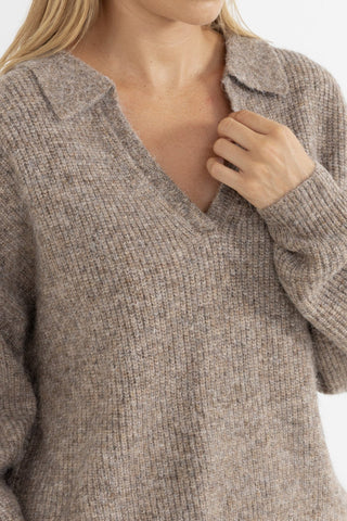 Rhythm Quinn V-Neck Collared Jumper in oat with heavy-weight knit and relaxed fit.
