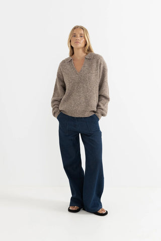 Rhythm Quinn V-Neck Collared Jumper in oat with heavy-weight knit and relaxed fit.