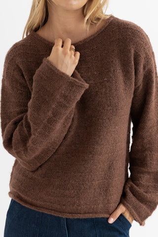 Rhythm Baklava Knit sweater in chocolate with boat neckline and wide sleeves.
