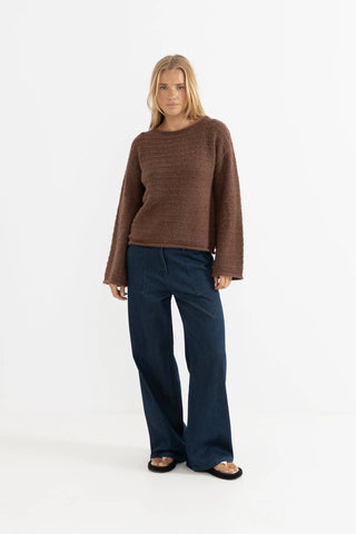 Rhythm Baklava Knit sweater in chocolate with boat neckline and wide sleeves.