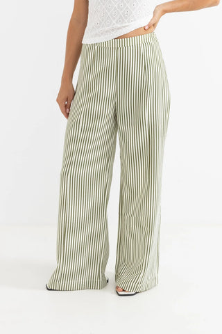 Rhythm Cove Stripe Wide Leg Pant in aloe with high waist, yarn-dye stripes, and extra-wide leg silhouette.