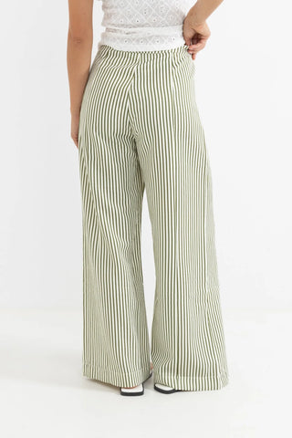 Rhythm Cove Stripe Wide Leg Pant in aloe with high waist, yarn-dye stripes, and extra-wide leg silhouette.