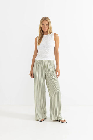 Rhythm Cove Stripe Wide Leg Pant in aloe with high waist, yarn-dye stripes, and extra-wide leg silhouette.
