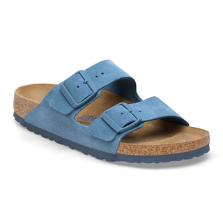 Elemental blue Birkenstock Arizona sandals with soft footbed and adjustable suede straps.