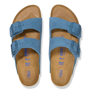 Elemental blue Birkenstock Arizona sandals with soft footbed and adjustable suede straps.