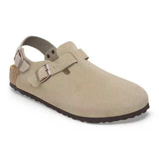 Birkenstock Tokio Taupe suede clog with backstrap and cork-latex footbed.