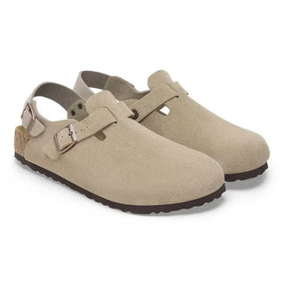 Birkenstock Tokio Taupe suede clog with backstrap and cork-latex footbed.