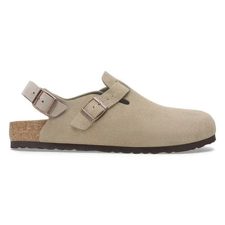Birkenstock Tokio Taupe suede clog with backstrap and cork-latex footbed.