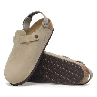 Birkenstock Tokio Taupe suede clog with backstrap and cork-latex footbed.
