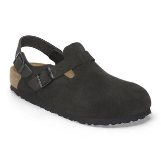 Birkenstock Tokio Black suede clog with adjustable backstrap and cork-latex footbed.