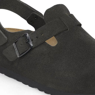 Birkenstock Tokio Black suede clog with adjustable backstrap and cork-latex footbed.