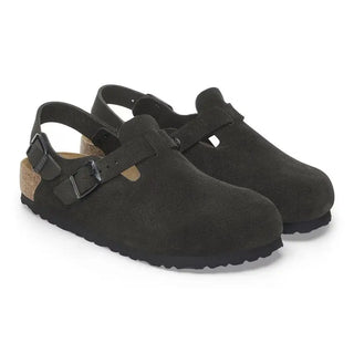 Birkenstock Tokio Black suede clog with adjustable backstrap and cork-latex footbed.