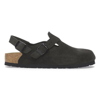 Birkenstock Tokio Black suede clog with adjustable backstrap and cork-latex footbed.