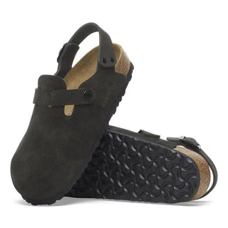 Birkenstock Tokio Black suede clog with adjustable backstrap and cork-latex footbed.