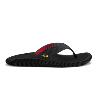 OluKai Ulele Men's Beach Sandals in Black/HLA, lightweight water-resistant floating sandal with Kalo plant-inspired laser-cut upper straps, wet-grip rubber outsole, and embroidered hook logo