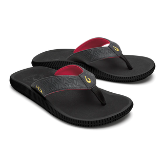 OluKai Ulele Men's Beach Sandals in Black/HLA, lightweight water-resistant floating sandal with Kalo plant-inspired laser-cut upper straps, wet-grip rubber outsole, and embroidered hook logo