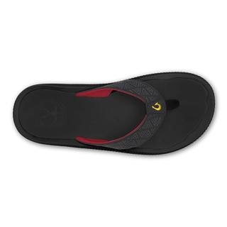 OluKai Ulele Men's Beach Sandals in Black/HLA, lightweight water-resistant floating sandal with Kalo plant-inspired laser-cut upper straps, wet-grip rubber outsole, and embroidered hook logo