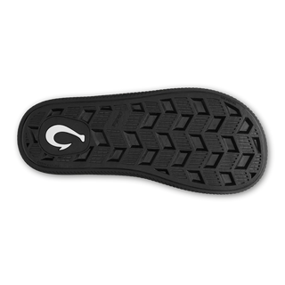 OluKai Ulele Men's Beach Sandals in Black/HLA, lightweight water-resistant floating sandal with Kalo plant-inspired laser-cut upper straps, wet-grip rubber outsole, and embroidered hook logo