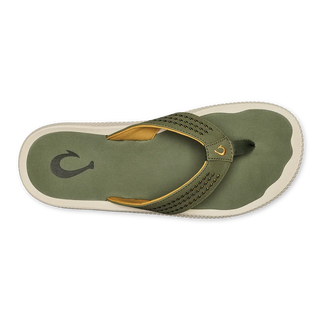 Side view of an OluKai Ulele sandal in Shadow Green with laser-cut straps, mustard-colored lining, and a textured cream sole.