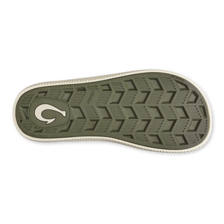 Side view of an OluKai Ulele sandal in Shadow Green with laser-cut straps, mustard-colored lining, and a textured cream sole.