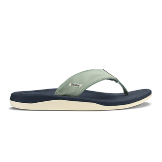 OluKai 'Ahi Kai Men's Beach Sandals in Seagreen/Trench Blue, NaluFoam cushioned midsole with secure strap design, quick-drying nylon toe post, and barnacle-inspired Wet Grip rubber outsole