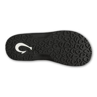OluKai 'Ohana Pālua Men's Beach Sandals in Black/Slate Blue, synthetic split strap with jersey knit lining, signature 'Ohana compression-molded EVA footbed, and non-marking rubber coral-inspired lug outsole