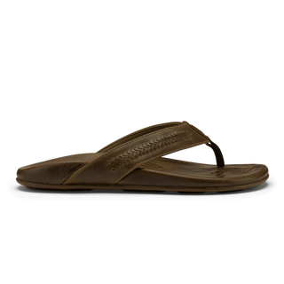 OluKai Mea Ola Mano Sandals in Mustang/Tan - men's premium leather beach sandals with hand-woven Polynesian details, laser-etched shark artwork, and flexible cushioned footbed