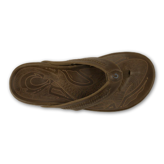 OluKai Mea Ola Mano Sandals in Mustang/Tan - men's premium leather beach sandals with hand-woven Polynesian details, laser-etched shark artwork, and flexible cushioned footbed