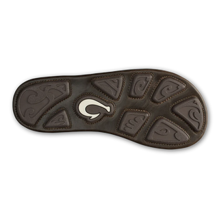 OluKai Mea Ola Mano Sandals in Mustang/Tan - men's premium leather beach sandals with hand-woven Polynesian details, laser-etched shark artwork, and flexible cushioned footbed