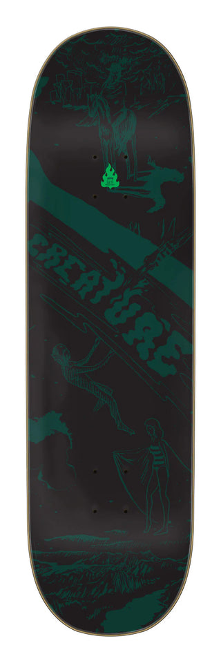 Creature 9.0 inch Willis Kimbel Deep Dive skateboard deck with surreal artwork by Violet Aveline and prismatic foil underlay.