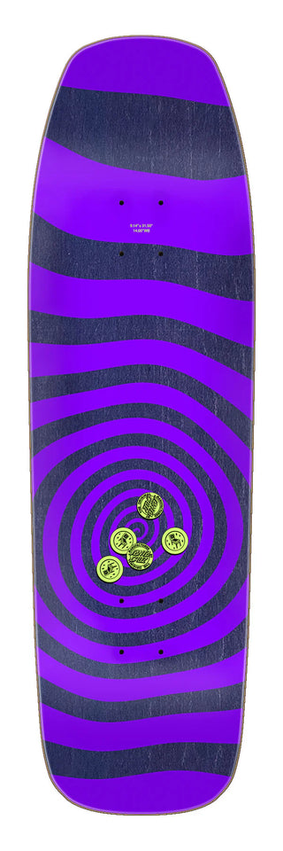 Santa Cruz Fabiana Delfino Pinball Vision Pro Shaped Deck 9.14" — neon graphics over silver rainbow prismatic foil with wheel wells revealing multi-color veneers