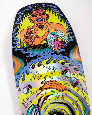 Santa Cruz Fabiana Delfino Pinball Vision Pro Shaped Deck 9.14" — neon graphics over silver rainbow prismatic foil with wheel wells revealing multi-color veneers