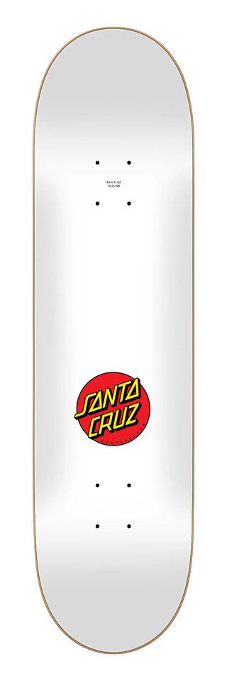 Santa Cruz Classic Dot Deck 8.0" — iconic Classic Dot graphic on painted white with 3D concave and 7-ply North American Maple construction