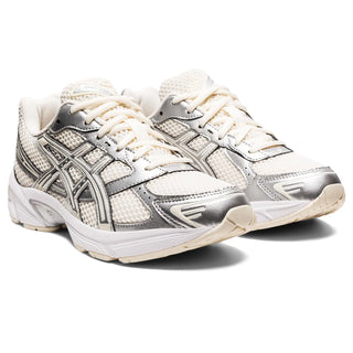 ASICS Women's GEL-1130 in Cream/Silver, combining late 2000s design with eco-friendly materials and GEL technology.