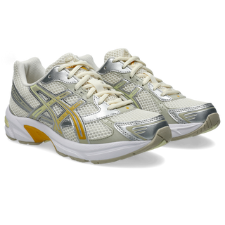 ASICS GEL-1130 in cream and pure silver with mesh upper, GEL® cushioning, and TRUSSTIC® support system.