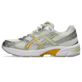 ASICS GEL-1130 in cream and pure silver with mesh upper, GEL® cushioning, and TRUSSTIC® support system.