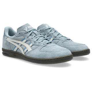 ASICS SKYHAND OG Shoes in Slate Blue/Lake Grey — retro court silhouette with 1990s handball heritage, synthetic leather and suede upper, FLYTEFOAM® PROPEL cushioning, EVA heel wedge, and gum rubber outsole