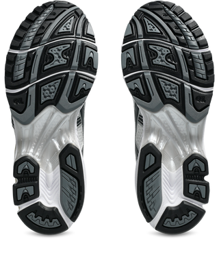 ASICS GEL-KAYANO 14 in White/Graphite Grey with layered upper and GEL cushioning.