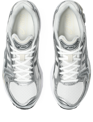 ASICS GEL-KAYANO 14 in White/Graphite Grey with layered upper and GEL cushioning.
