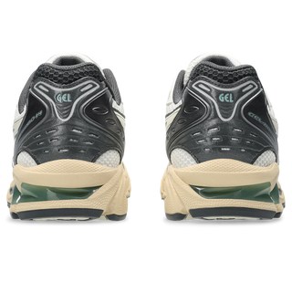 ASICS GEL-KAYANO 14 sneakers in Cream and Obsidian Grey with late 2000s-inspired design, GEL™ technology cushioning, TRUSSTIC® support system, and eco-friendly sockliner