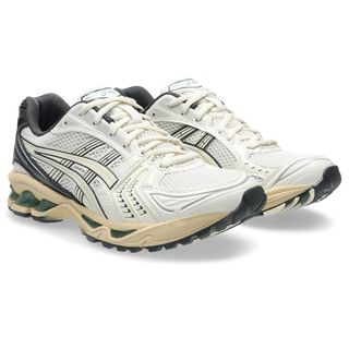 ASICS GEL-KAYANO 14 sneakers in Cream and Obsidian Grey with late 2000s-inspired design, GEL™ technology cushioning, TRUSSTIC® support system, and eco-friendly sockliner