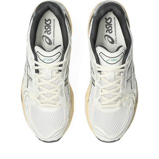 ASICS GEL-KAYANO 14 sneakers in Cream and Obsidian Grey with late 2000s-inspired design, GEL™ technology cushioning, TRUSSTIC® support system, and eco-friendly sockliner