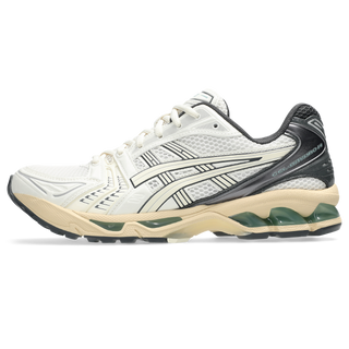 ASICS GEL-KAYANO 14 sneakers in Cream and Obsidian Grey with late 2000s-inspired design, GEL™ technology cushioning, TRUSSTIC® support system, and eco-friendly sockliner